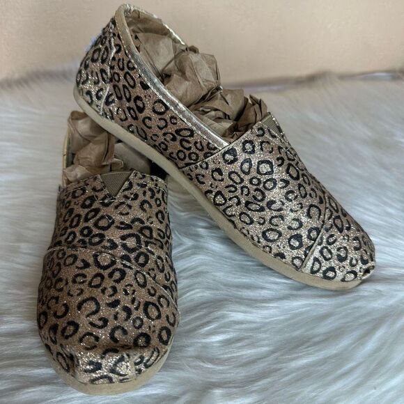 TOMS LEOPARD CHEETAH GLITTER GOLD BALLET FLAT SLIP On Shoes 4 - Picture 1 of 13